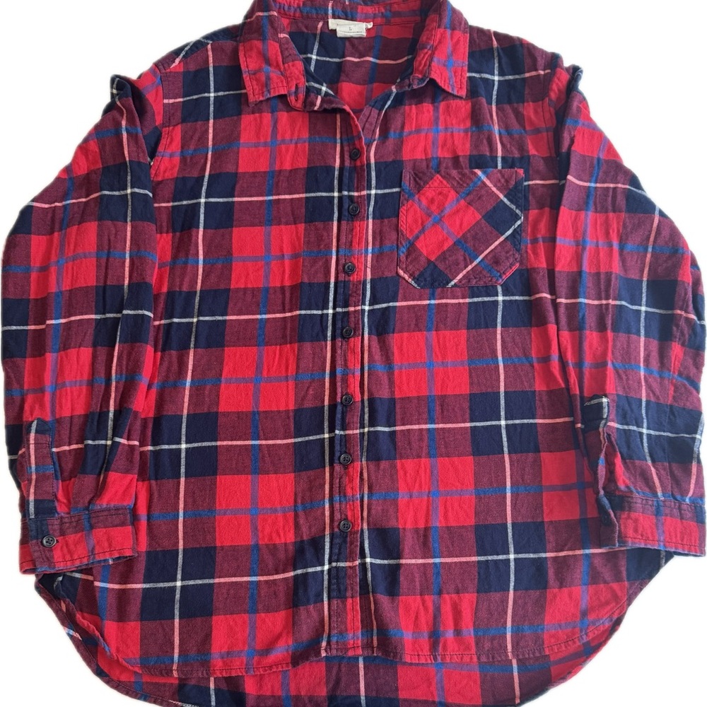 BeachLunchLounge Plaid Flannel Shirt Large Red Blue 100% Cotton Button Up